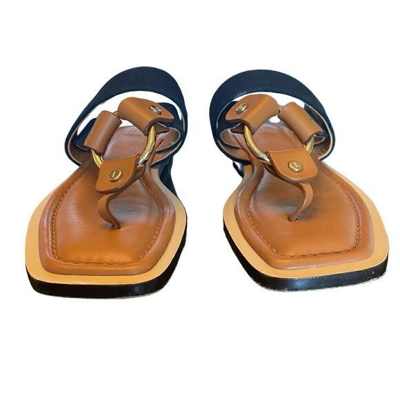 Lafayette 148 Sz 38/8 Brown Navy Blue Sabine Leather Canvas Classic Sandals - Picture 4 of 8